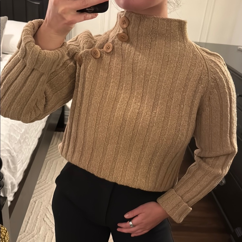 Bruuns Bazaar Wool Camel Chunky Textured Mock Neck Sweater Made in Denmark